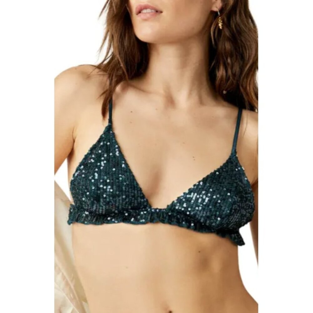 Free People Sequin Triangle Bralette in Dark Teal NWT